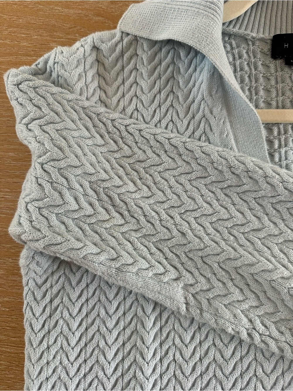 Hatch Pale Blue Cable V-Neck Sweater with Fold-Over Collar - Picture 3 of 4